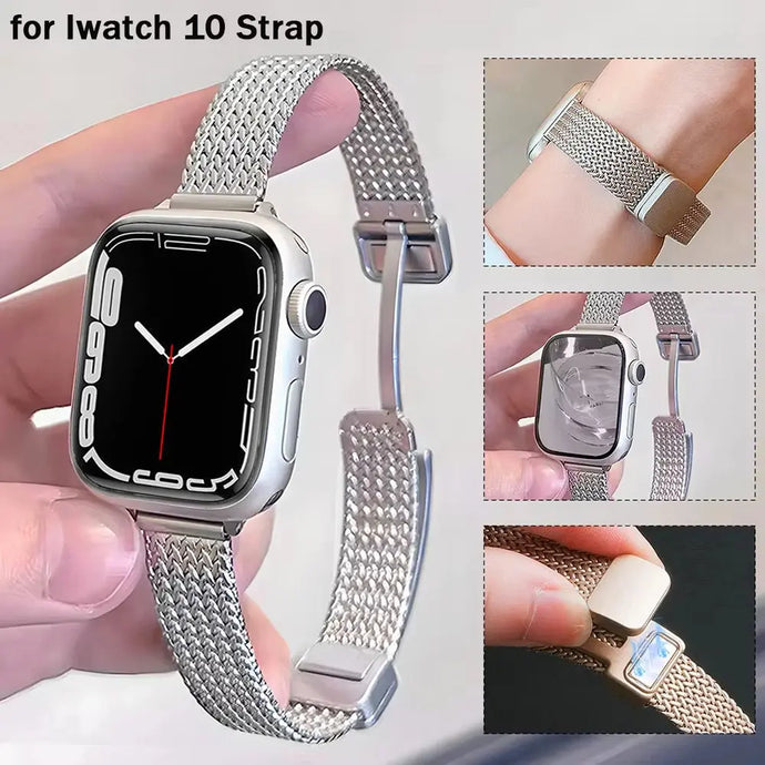 Metal Wheat Ear Herringbone Pattern Slim Stainless Steel Strap for Apple Watch Band 38mm to 49mm - 6 Colors Axios Bands